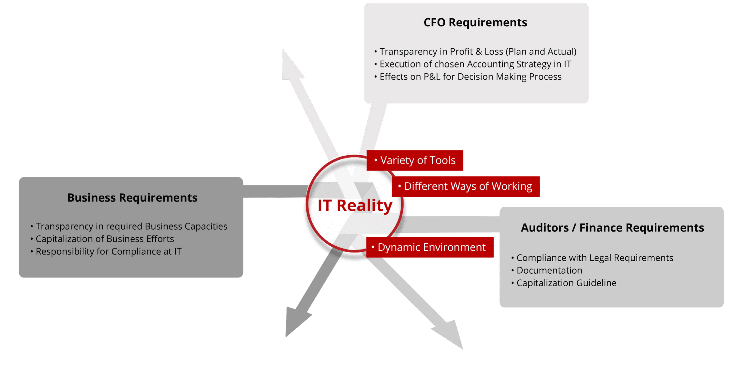 Figure 2: Leading the Dialogue - Interests and Challenges in Software Capitalization — IT Reality (variety of tools, different ways of working, dynamic environment) surrounded by Business Requirements, CFO Requirements, and Auditors/Finance Requirements